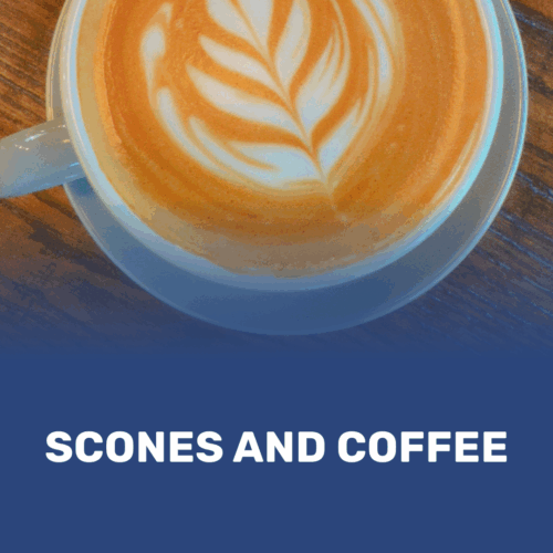 Cup of coffee with latte art served during the Scones and Coffee morning at the Veterans & Families Centre